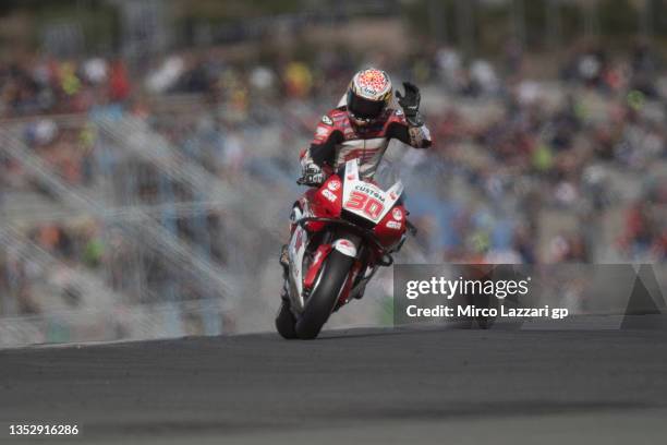 Takaaki Nakagami of Japan and LCR Honda Idemitsu greets th efans and rounds the bend during the MotoGP of Comunitat Valenciana: Previews at Ricardo...