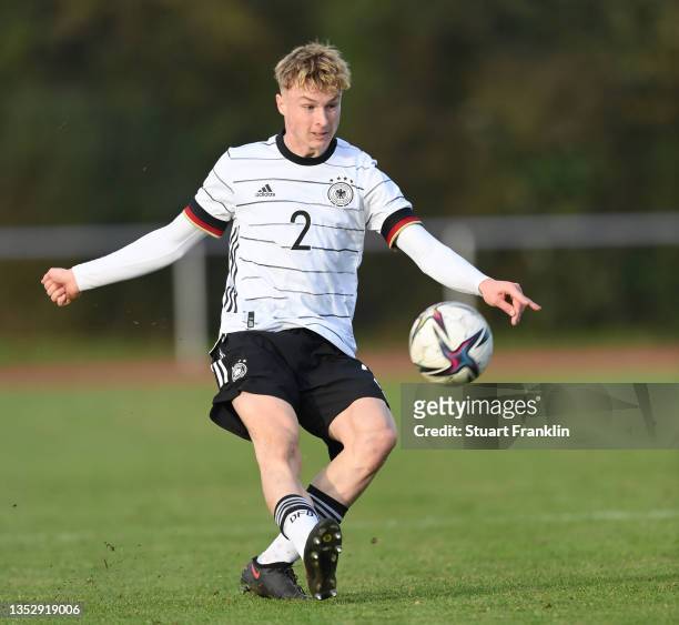 Julian Eitschberger of Germany in action during an U18's friendly match between Germany and Denmark at BSA Egon-Kähler-Straße on November 12, 2021 in...