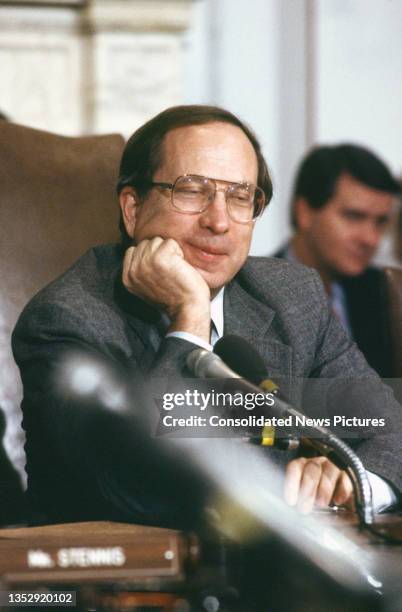 Senator Sam Nunn, chair of Senate Permanent Subcommittee on Armed Services, during a hearing on Capitol Hill, Washington DC, March 21, 1988. He was...