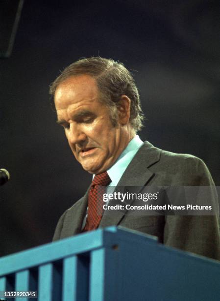 View of US Senator George McGovern as he speaks from the podium during the Democratic National Committee at the Miami Beach Convention Center, Miami...