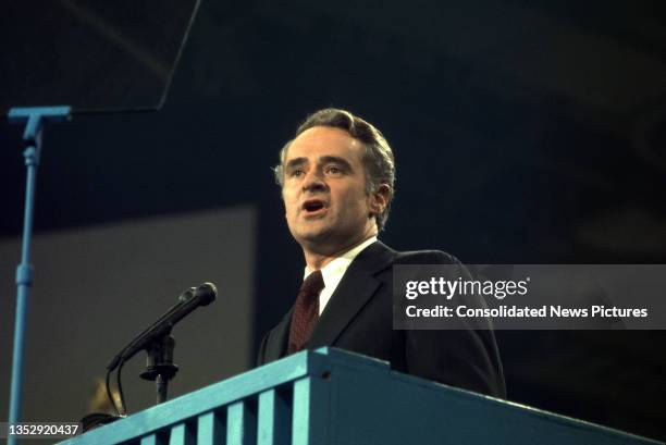 View of US Senator Thomas Eagleton as he speaks from the podium during the Democratic National Committee at the Miami Beach Convention Center, Miami...