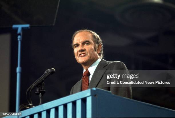 View of US Senator George McGovern as he speaks from the podium during the Democratic National Committee at the Miami Beach Convention Center, Miami...