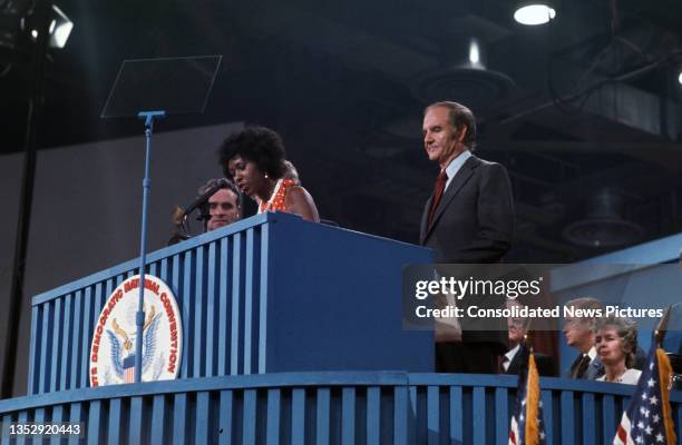 With US Senators Thomas Eagleton and George McGovern at her sides, Democratic National Convention vice chair Yvonne Brathwaite Burke speaks from the...