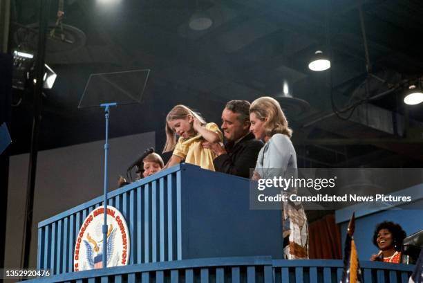 View of US Senator Thomas Eagleton , his wife, Barbara Ann, and their children, Terence and Christin, on the podium during the Democratic National...