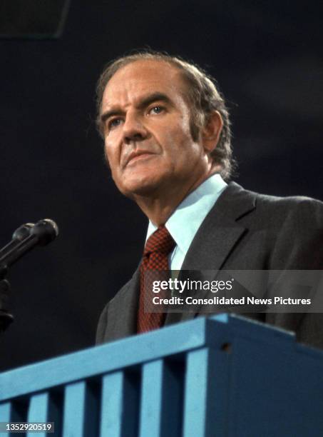 View of US Senator George McGovern as he speaks from the podium during the Democratic National Committee at the Miami Beach Convention Center, Miami...