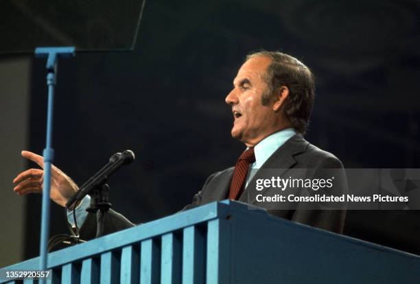 View of US Senator George McGovern as he speaks from the podium during the Democratic National Committee at the Miami Beach Convention Center, Miami...