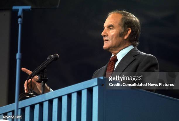 View of US Senator George McGovern as he speaks from the podium during the Democratic National Committee at the Miami Beach Convention Center, Miami...