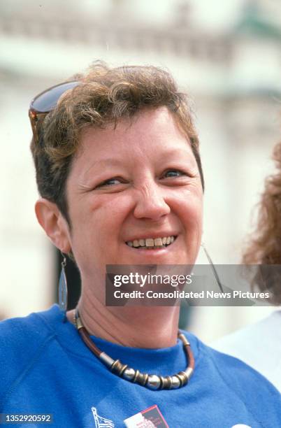 Close-up of American activist Norma McCorvey as she attends the March for Women's Lives outside the US Capitol, Washington DC, April 9, 1989. Known...