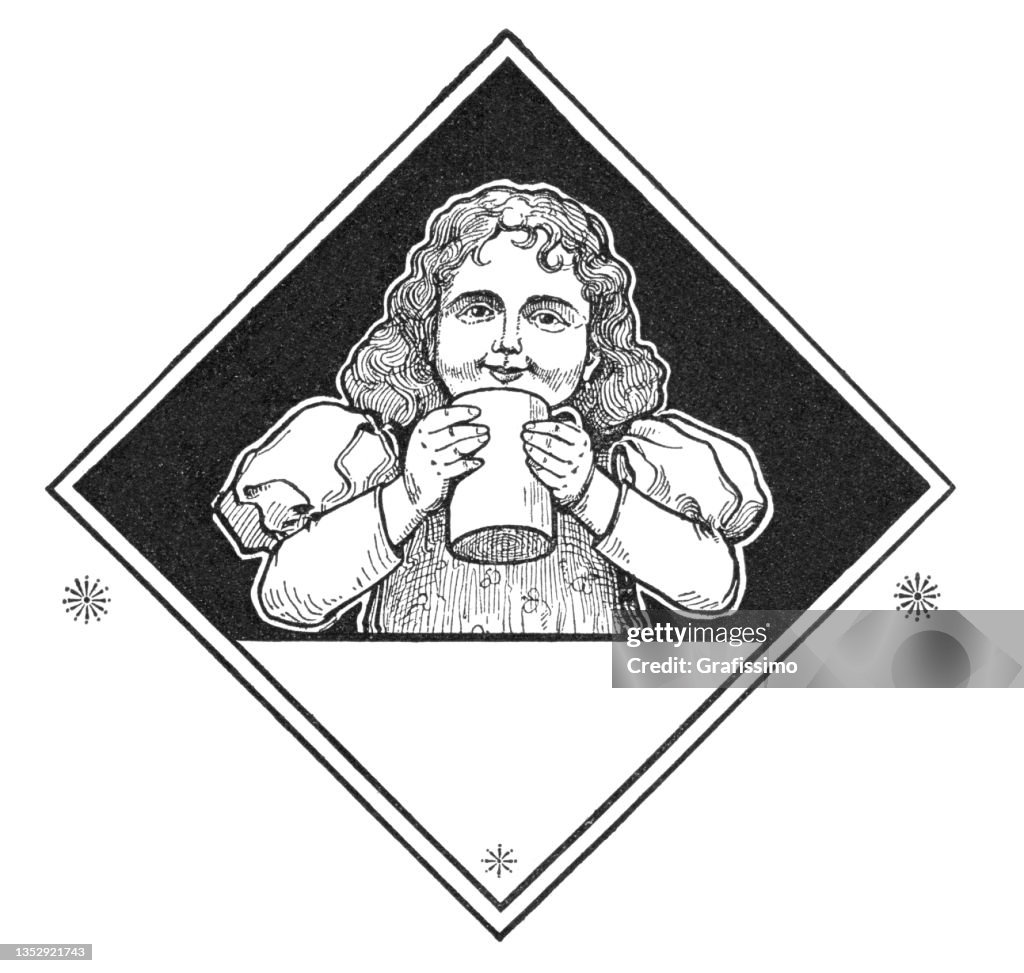 Chica bebiendo chocolate caliente de la taza dibujo art nouveau 1897