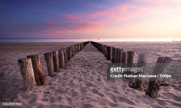 scenic view of beach against sky during sunset,zeeland,netherlands - groyne stock pictures, royalty-free photos & images