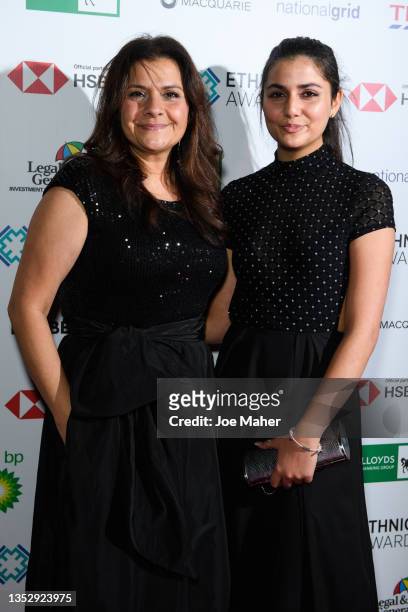 Nina Wadia and her daughter Tia Mirza attend the Ethnicity Awards 2021 at Marriott Grosvenor Square on November 12, 2021 in London, England.