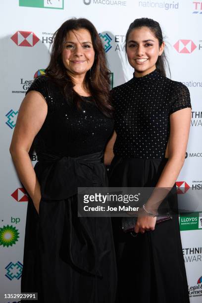 Nina Wadia and her daughter Tia Mirza attend the Ethnicity Awards 2021 at Marriott Grosvenor Square on November 12, 2021 in London, England.