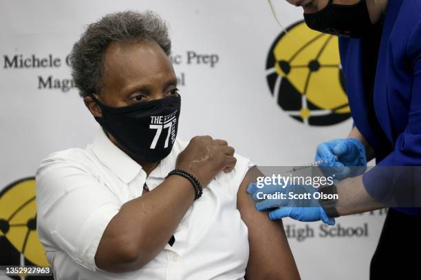 Chicago Mayor Lori Lightfoot gets a COVID-19 booster vaccine at Michele Clark High School on November 12, 2021 in Chicago, Illinois. The city of...