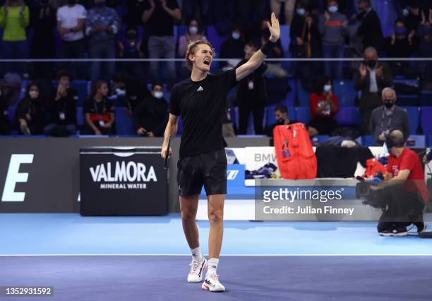 Sebastian Korda of USA celebrates victory in his match against Brandon Nakashima of USA in the semi finals during Day Four of the Next Gen ATP Finals...