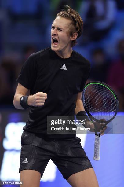 Sebastian Korda of USA celebrates victory in his match against Brandon Nakashima of USA in the semi finals during Day Four of the Next Gen ATP Finals...