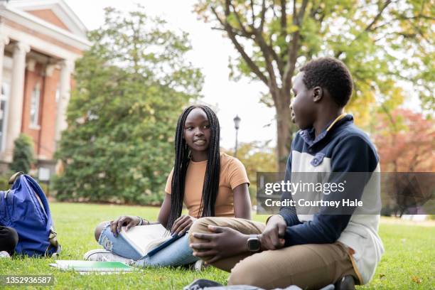 students at school reading textbooks while sitting on grass - excel academy charter school stock pictures, royalty-free photos & images