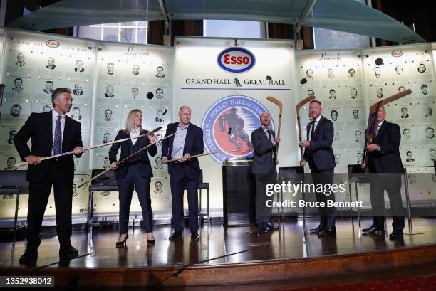 Doug Wilson, Kim St-Pierre, Kevin Lowe, Jerome Iginla, Marian Hossa and Ken Holland attend a photo opportunity for their induction into the Hockey...