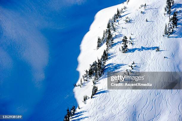 ski tracks in the mountains - heli skiing stock pictures, royalty-free photos & images