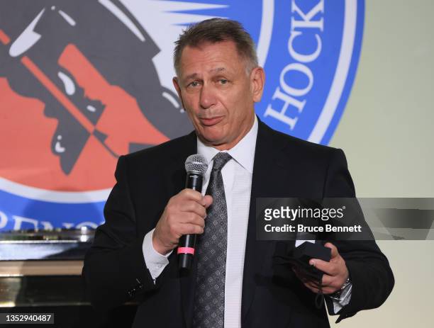 Ken Holland takes part in a press opportunity prior to his induction into the Hockey Hall of Fame at the Hockey Hall Of Fame on November 12, 2021 in...