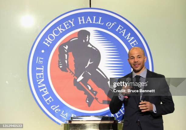 Jerome Iginla takes part in a press opportunity prior to his induction into the Hockey Hall of Fame at the Hockey Hall Of Fame on November 12, 2021...