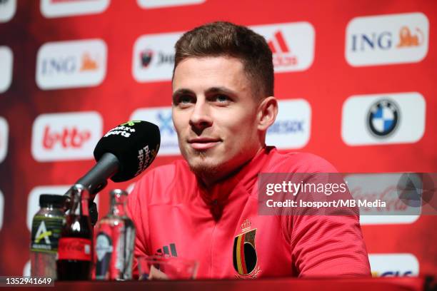 Thorgan Hazard of Belgium gives a press conference before a training session of the Belgian national soccer team The Red Devils ahead of the upcoming...