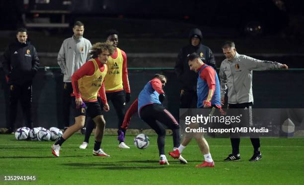 Wout Faes of Belgium and Dante Vanzeir of Belgium during a training session of the Belgian national soccer team " The Red Devils " ahead of the...