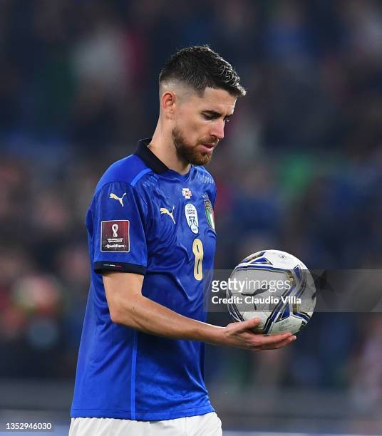 Jorginho of Italy shoots and misses a penalty during the 2022 FIFA World Cup Qualifier match between Italy and Switzerland at Stadio Olimpico on...