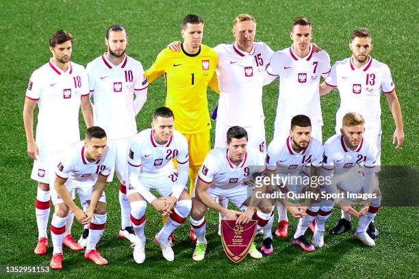 Players of Poland poses for a photo team's line up prior to the 2022 FIFA World Cup Qualifier match between Andorra and Poland at Estadi Nacional on...