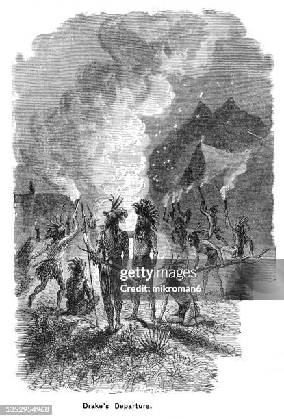 old engraved illustration of sir francis drake and the native indians. drake encounters a native americans in california - indian society and culture stock-fotos und bilder