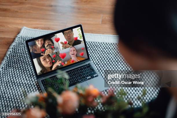 celebrating with friends on a video call - woman with gift stock pictures, royalty-free photos & images