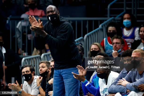 Charlotte Hornets owner and Hall of Famer Michael Jordan reacts during the first half of their game against the New York Knicks at Spectrum Center on...