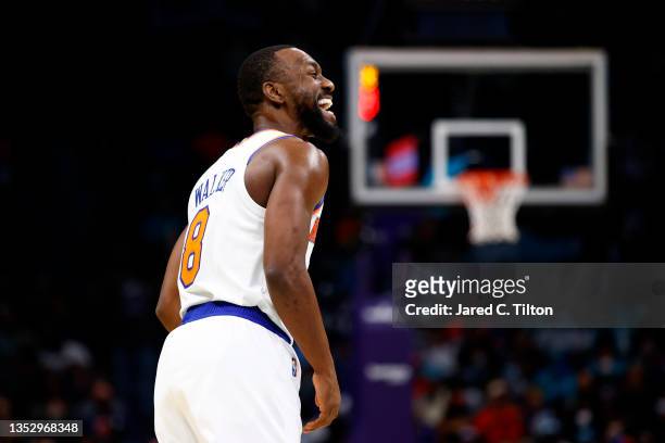 Kemba Walker of the New York Knicks reacts following a three point basket during the first half of their game against the Charlotte Hornets at...