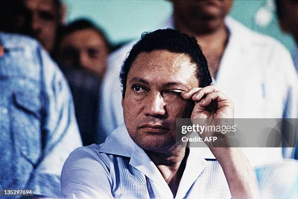 Picture taken on March 7, 1988 of Panama's general Manuel Antonio Noriega attending an anti-US meeting in Panama city. Former Panamanian dictator...