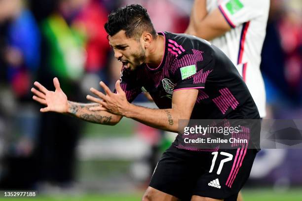 Jesus Corona of Mexico reacts after missing a shot on goal during the first half of a FIFA World Cup 2022 qualifying match against the United States...