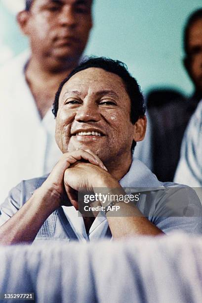 Picture taken on March 7, 1988 of Panama's general Manuel Antonio Noriega attending an anti-US meeting in Panama city. Former Panamanian dictator...