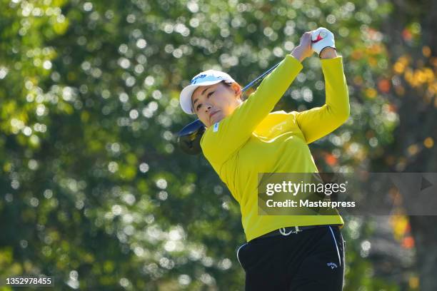 Sakura Yokomine of Japan hits her tee shot on the 9th hole during the second round of the Ito-En Ladies at the Great Island Club on November 13, 2021...