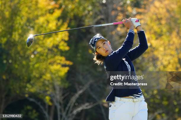 Momoko Ueda of Japan hits her tee shot on the 9th hole during the second round of the Ito-En Ladies at the Great Island Club on November 13, 2021 in...