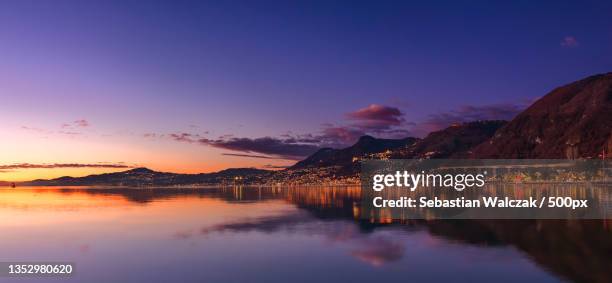 scenic view of lake against sky during sunset,montreux,switzerland - montreux stock pictures, royalty-free photos & images