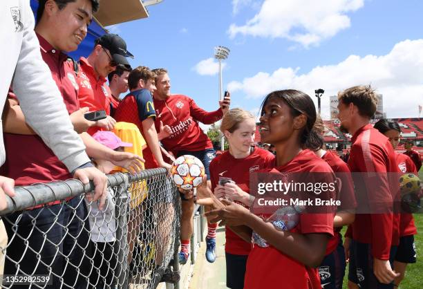 Shadeene Evans of Adelaide United during the fans meet and greet after a joint A-League United A-League Men's & Women's team training session at...