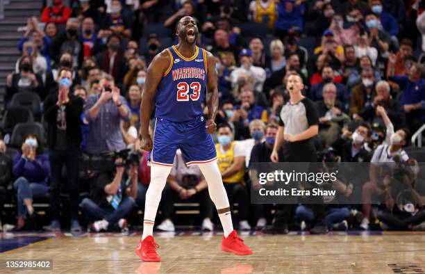 Draymond Green of the Golden State Warriors reacts during the second quarter of their game against the Chicago Bulls at Chase Center on November 12,...