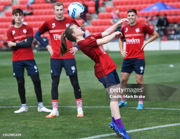 Sasha Coorey of Adelaide United winning the knock out drill during a joint A-League United A-League Men's & Women's team training session at Coopers...