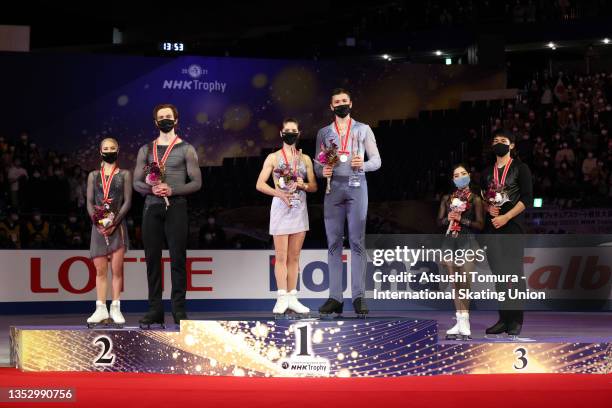 Silver medalists Evgenia Tarasova and Vladimir Morozov of Russia, gold medalists Anastasia Mishina and Aleksandr Galliamov of Russia and bronze...