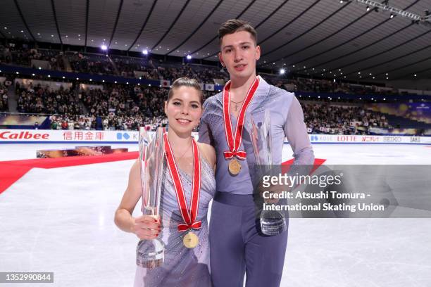 Gold medalists Anastasia Mishina and Aleksandr Galliamov of Russia pose after the medal ceremony for the Pair event during the ISU Grand Prix of...