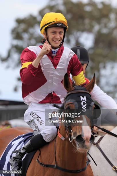 Dylan Gibbons on Festival Dancer returns to scale after winning race 7 the New Zealand bloodstock NJC 3YO Spring Stakes during Sydney Racing at...