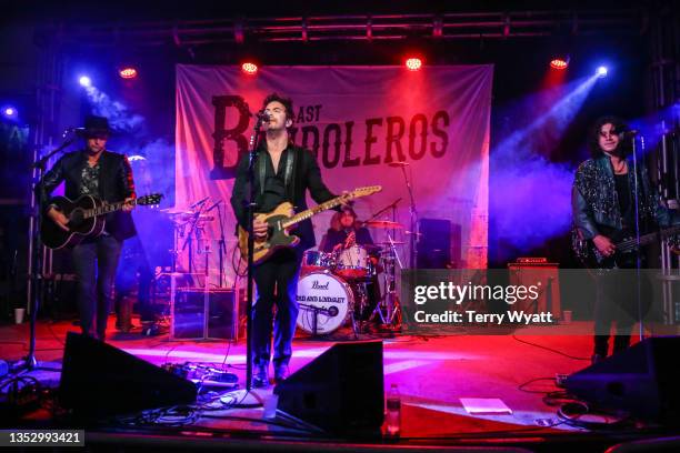 Derek James, Jerry Fuentes and Diego Navaira of The Last Bandoleros perform at 3rd & Lindsley on November 12, 2021 in Nashville, Tennessee.