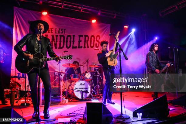 Derek James, Jerry Fuentes and Diego Navaira of The Last Bandoleros perform at 3rd & Lindsley on November 12, 2021 in Nashville, Tennessee.