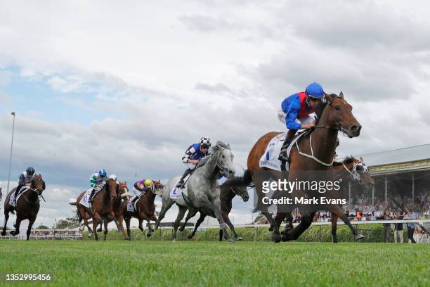 Hugh Bowman on Lost And Running wins race 8 the Hunter during Sydney Racing at Newcastle Racecourse on November 13, 2021 in Newcastle, Australia.