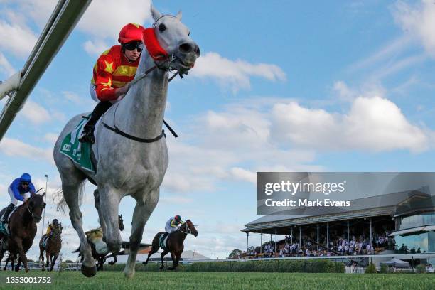 Brock Ryan on Much Much Better wins race 10 the Hunter Valley Premium Meats T-bone Steaks Benchmark 88 Handicap during Sydney Racing at Newcastle...