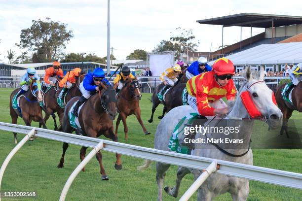 Brock Ryan on Much Much Better wins race 10 the Hunter Valley Premium Meats T-bone Steaks Benchmark 88 Handicap during Sydney Racing at Newcastle...