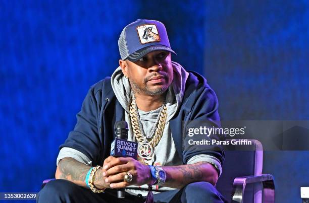 Retired NBA player Allen Iverson onstage at the 2021 REVOLT Summit at 787 Windsor on November 12, 2021 in Atlanta, Georgia.